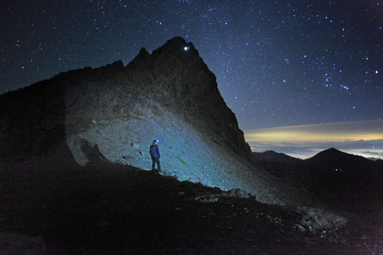 Man standing under a starry night sky
