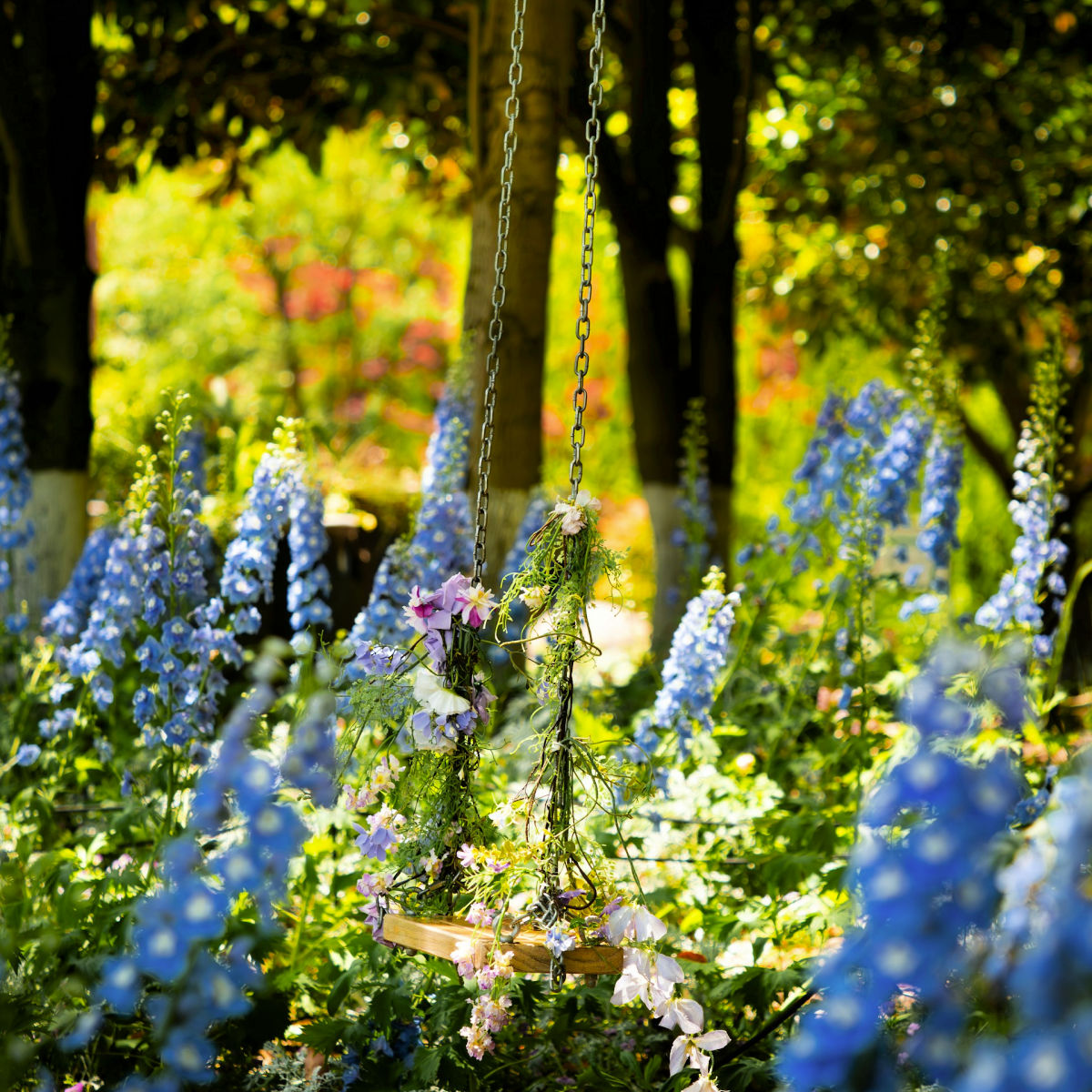 Garden swing among flowers